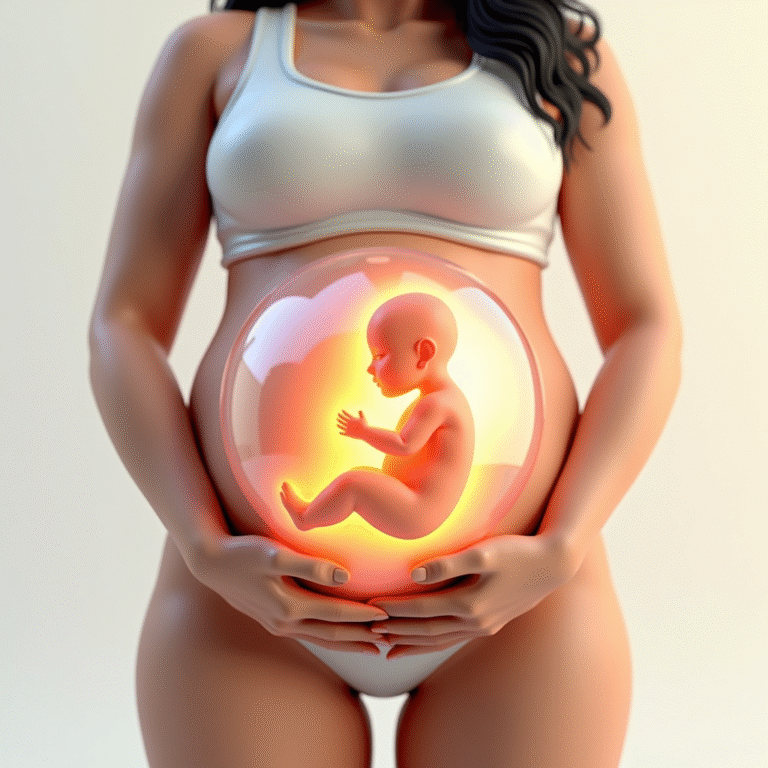 a 3D rendered image of a pregnant woman's torso, with her hands embracing her belly, showcasing a transparent and glowing view of the fetus inside, against a soft, gradient white background that subtly fades to a light beige tone around the edges.